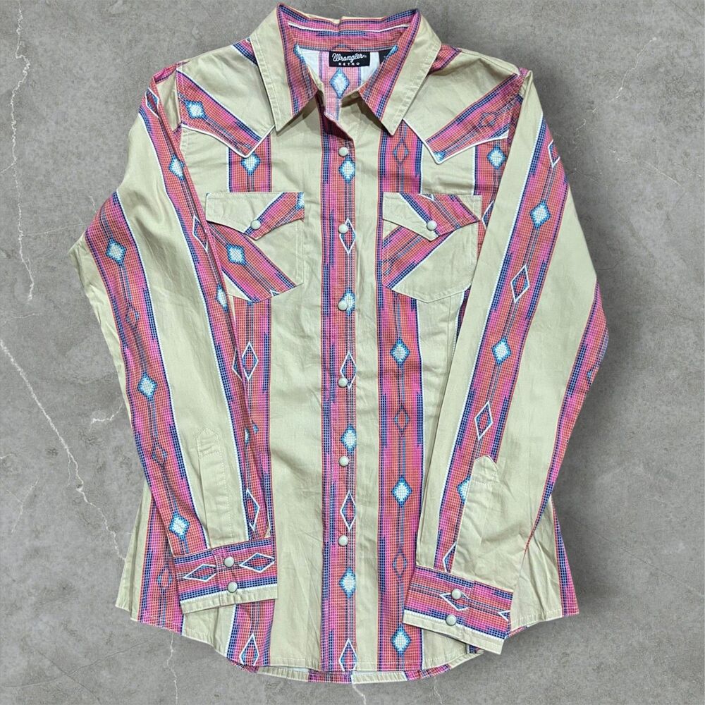 Wrangler Retro NWT Western Pearl Snap Tan Pink Button Up Shirt Womens Size Small